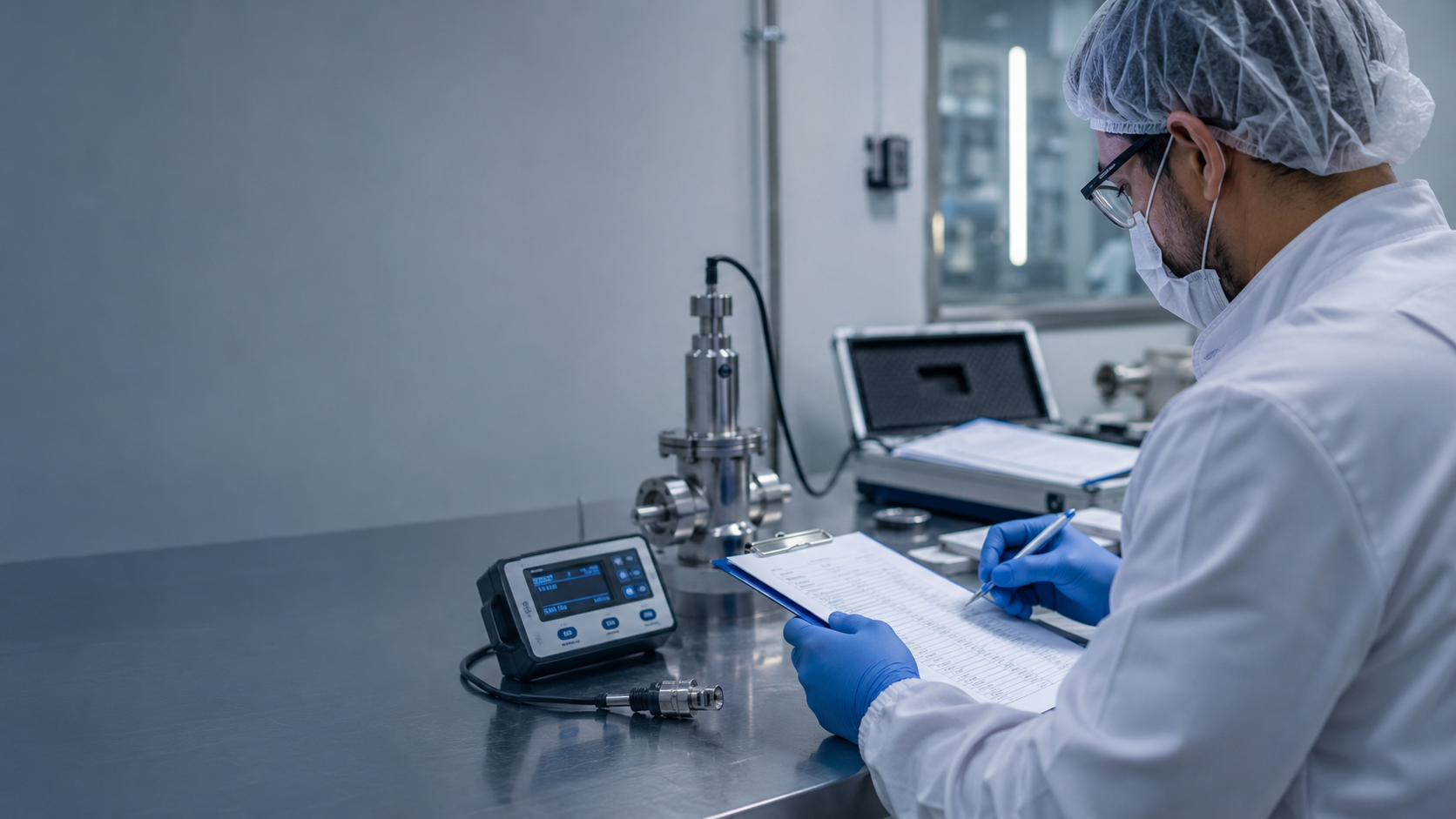 Técnico realizando manutenção de equipamento de laboratório